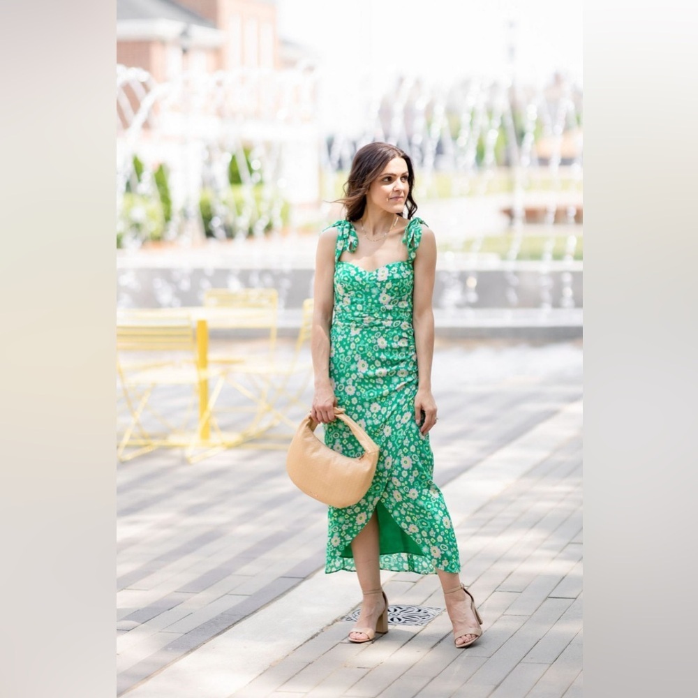 Revolve WAYF tie/strap bustier green floral dress with slit